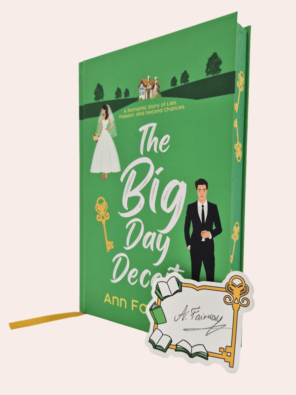 The Big Day Deceit Special Edition hardcover — soft-touch matte cover with green sprayed edges and gold-foil key accents